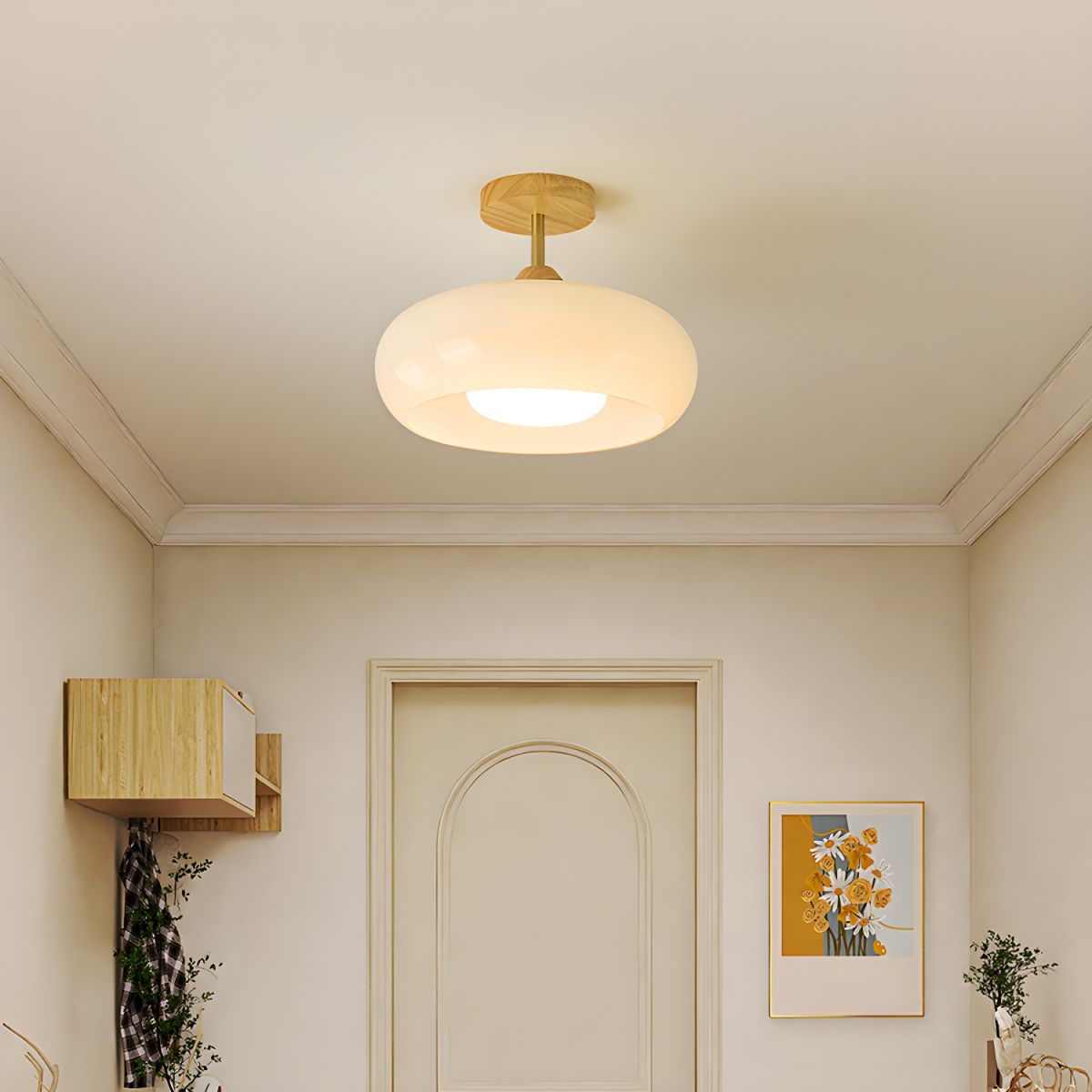 Ceiling Light – Vintage Wood & Glass Semi-Flush Mount Drum Lamp