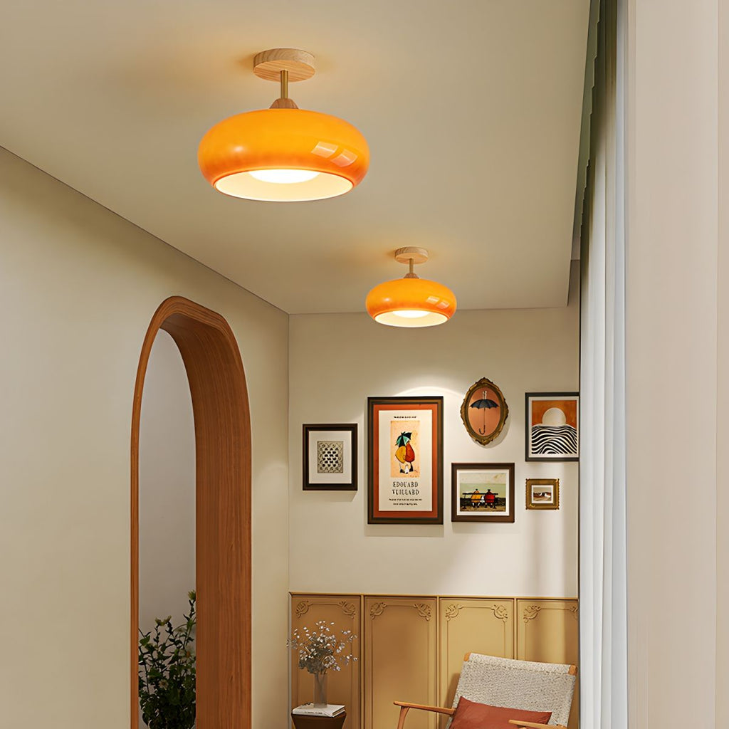 Ceiling Light – Vintage Wood & Glass Semi-Flush Mount Drum Lamp
